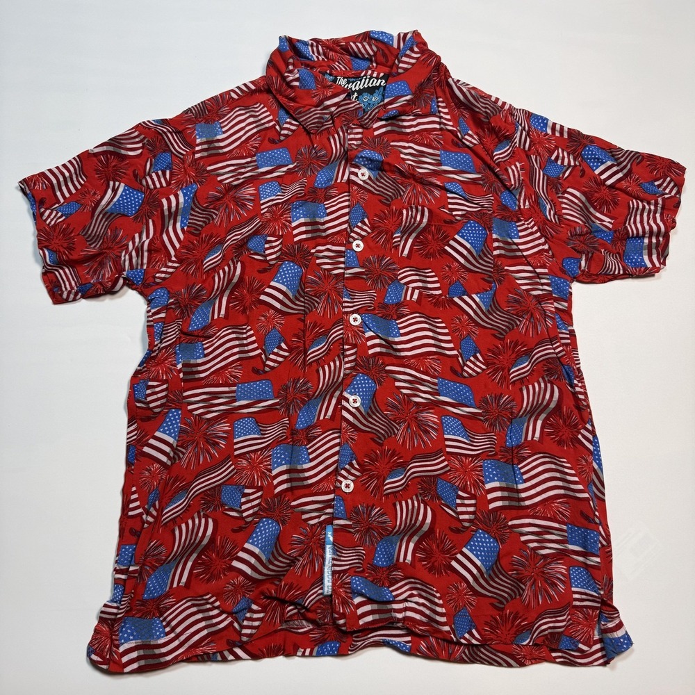 Rowdy Gentleman Shirt Mens Medium Red Hawaiian American Flag Fireworks USA